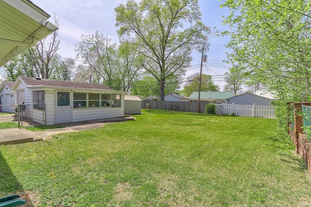 view of yard with an outbuilding and a fenced backyard