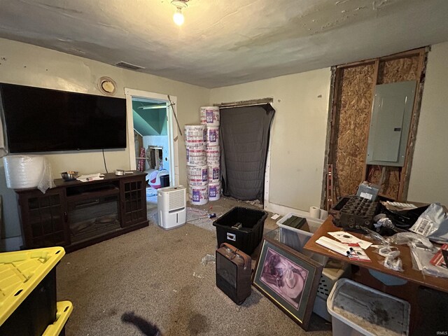 carpeted bedroom with visible vents and electric panel