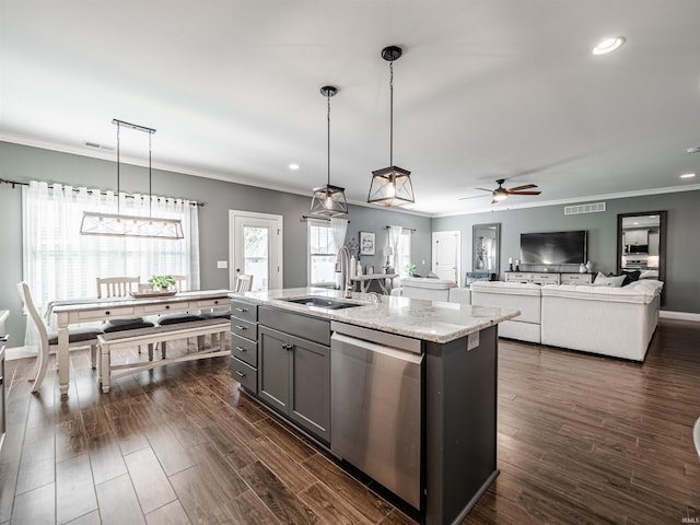 kitchen with dishwasher, gray cabinets, ornamental molding, and a sink