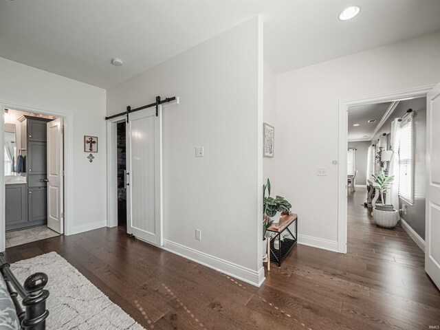 interior space featuring a barn door, baseboards, dark wood-style flooring, and recessed lighting