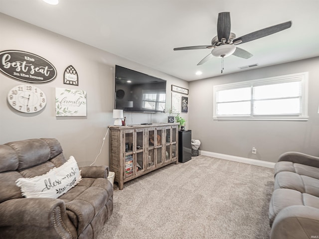 living room with recessed lighting, carpet, visible vents, a ceiling fan, and baseboards