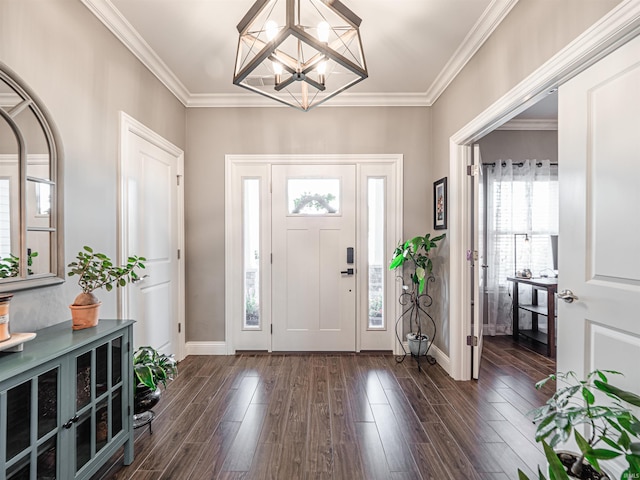 entrance foyer featuring a notable chandelier, baseboards, and dark wood-type flooring