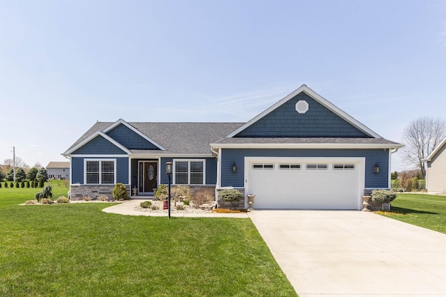 craftsman house with roof with shingles, stone siding, concrete driveway, an attached garage, and a front yard