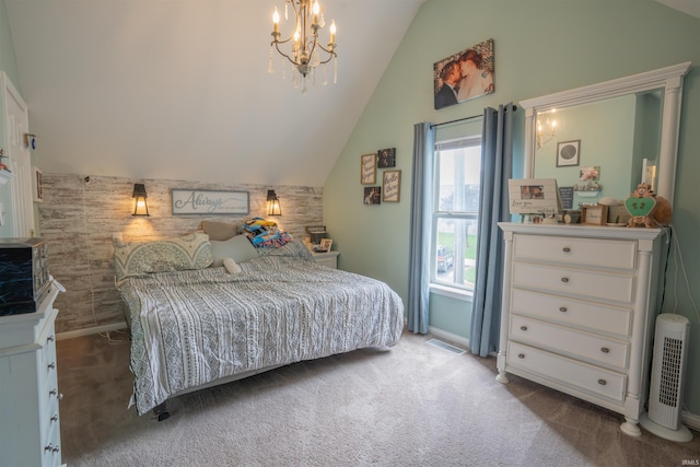 carpeted bedroom with baseboards, visible vents, a chandelier, and lofted ceiling