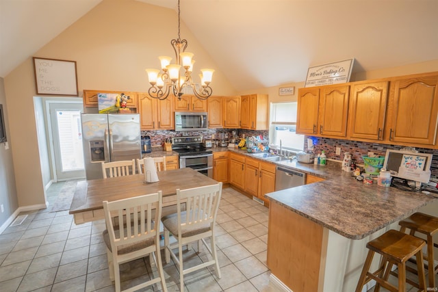 kitchen featuring an inviting chandelier, a peninsula, a sink, backsplash, and stainless steel appliances