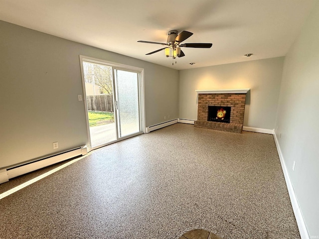 5126 Martinique Rd, Fort Wayne, IN 46815 - unfurnished living room with a baseboard radiator, baseboard heating, a brick fireplace, baseboards, and a ceiling fan