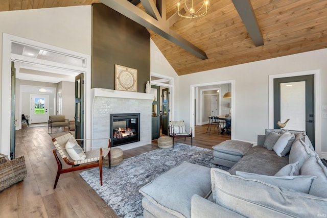 1152 Cascata Trl, Huntertown, IN 46748 - living area featuring beamed ceiling, wooden ceiling, a tiled fireplace, high vaulted ceiling, and wood finished floors
