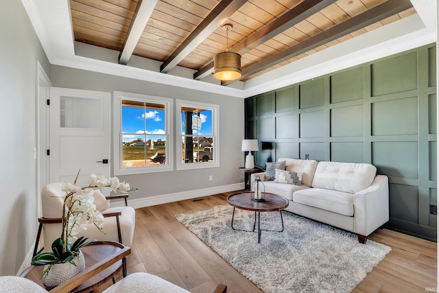 1152 Cascata Trl, Huntertown, IN 46748 - living room with light wood-type flooring, baseboards, beam ceiling, and wood ceiling