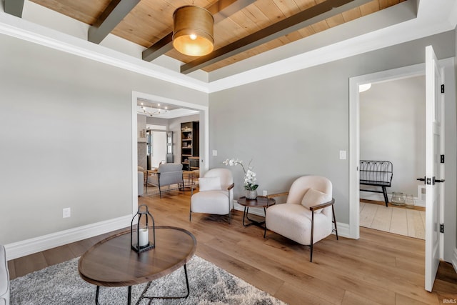 1152 Cascata Trl, Huntertown, IN 46748 - living area with beamed ceiling, baseboards, light wood-style flooring, and wood ceiling
