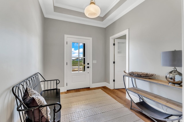 1152 Cascata Trl, Huntertown, IN 46748 - entryway with a raised ceiling, wood finished floors, ornamental molding, and baseboards