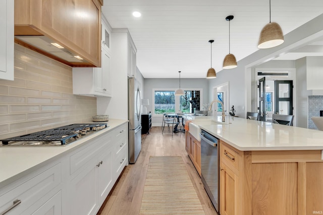 1152 Cascata Trl, Huntertown, IN 46748 - kitchen featuring tasteful backsplash, light wood-style flooring, a sink, appliances with stainless steel finishes, and light countertops