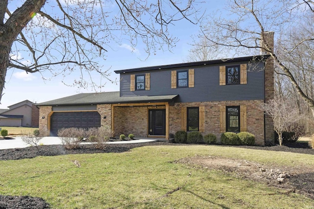 traditional home with driveway, a chimney, a front lawn, brick siding, and a garage
