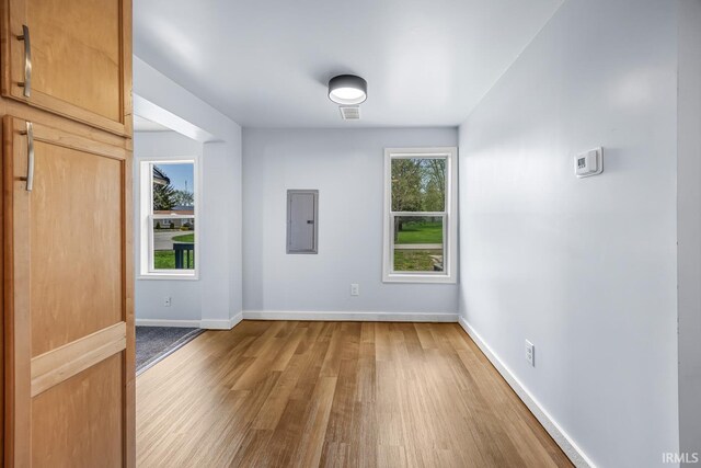 601 W Sherman St, Windfall, IN 46076 - spare room featuring electric panel, light wood-style flooring, and baseboards