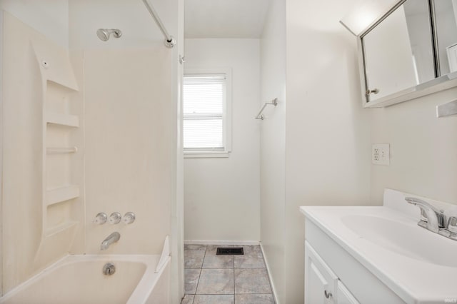 full bathroom featuring visible vents, vanity, shower / bathtub combination, and baseboards