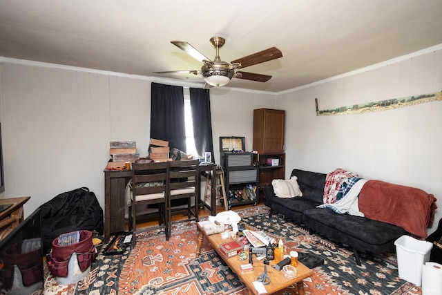 121 E Water St, Linden, IN 47955 - living area with ornamental molding, ceiling fan, and wood finished floors