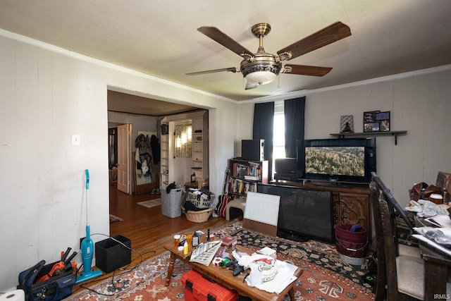 121 E Water St, Linden, IN 47955 - living area with crown molding, a ceiling fan, and wood finished floors