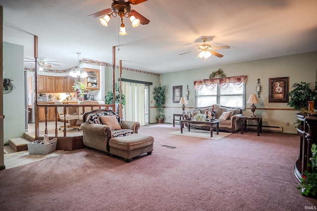 living room featuring a ceiling fan and carpet floors