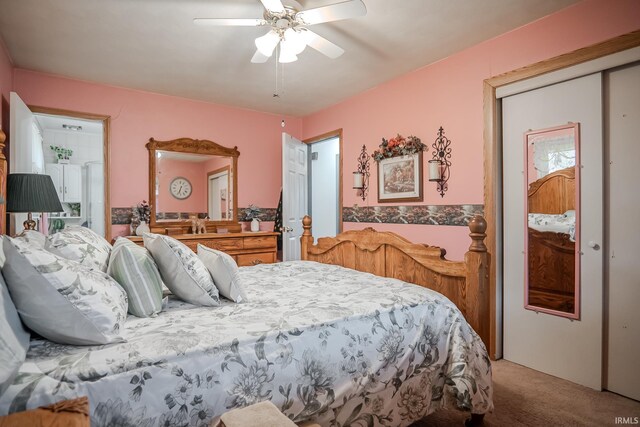 carpeted bedroom featuring ceiling fan