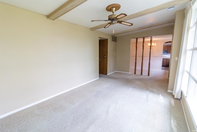 unfurnished room with baseboards, visible vents, light carpet, and ceiling fan with notable chandelier