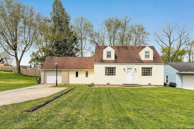 cape cod-style house with driveway, a front lawn, and an attached garage