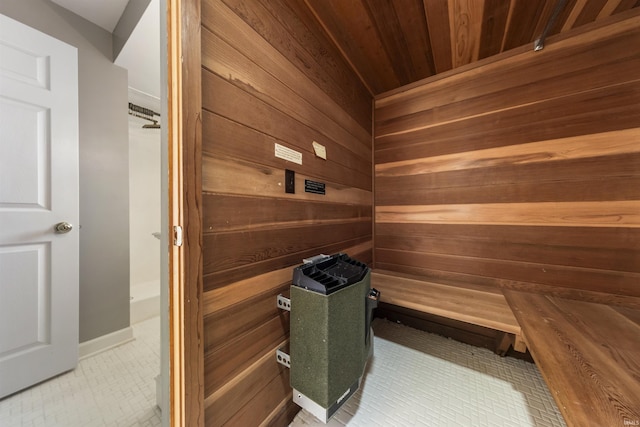 1711 Old Plank Rd, Newburgh, IN 47630 - relaxing sauna featuring wooden walls, baseboards, wooden ceiling, and tile patterned floors