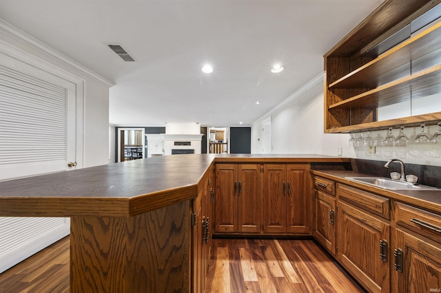 1711 Old Plank Rd, Newburgh, IN 47630 - kitchen featuring a sink, dark countertops, open shelves, ornamental molding, and dark wood-style floors