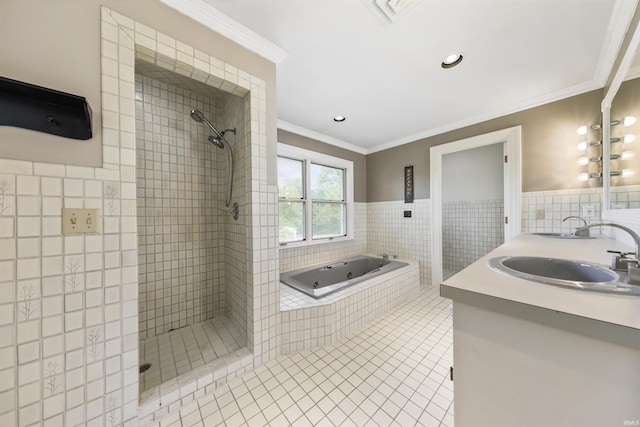 1711 Old Plank Rd, Newburgh, IN 47630 - bathroom featuring tile patterned floors, a tile shower, a tub with jets, tile walls, and crown molding