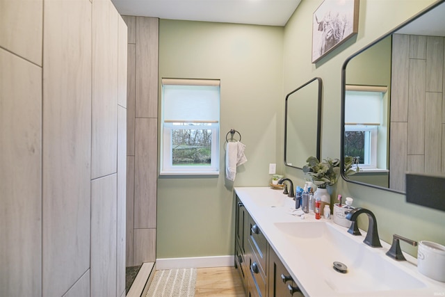 full bath featuring baseboards, double vanity, and a sink