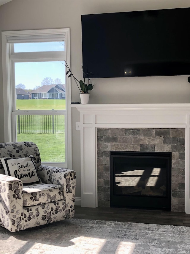 living area with wood finished floors and a tiled fireplace