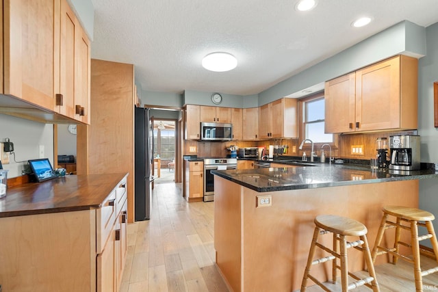 1808 County Road 18th Rd, Waterloo, IN 46793 - kitchen featuring a kitchen breakfast bar, light wood-type flooring, a sink, a peninsula, and stainless steel appliances