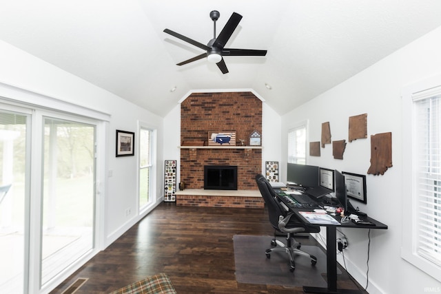 6021 N Timberline Dr, Bloomington, IN 47404 - office space featuring a brick fireplace, lofted ceiling, a ceiling fan, baseboards, and wood finished floors