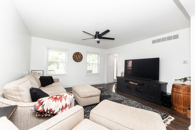 6021 N Timberline Dr, Bloomington, IN 47404 - living area featuring wood finished floors, visible vents, ceiling fan, and baseboards