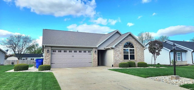 ranch-style home with fence, brick siding, a garage, a front yard, and driveway
