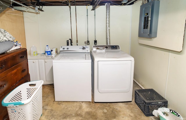 clothes washing area featuring washing machine and dryer, electric panel, and laundry area