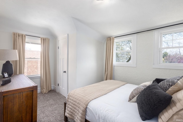 bedroom with multiple windows, vaulted ceiling, carpet, and baseboards