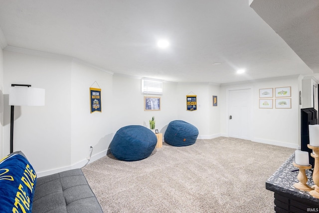 workout room featuring baseboards, recessed lighting, carpet floors, and crown molding