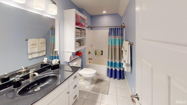 full bathroom with toilet, tile patterned flooring, shower / bathtub combination with curtain, and vanity