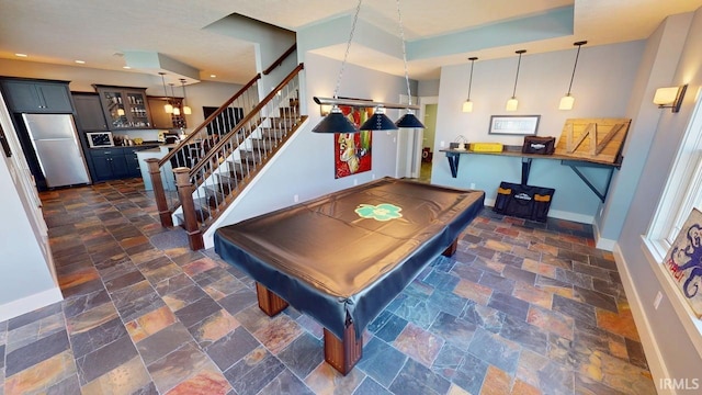rec room with recessed lighting, baseboards, pool table, and stone finish flooring