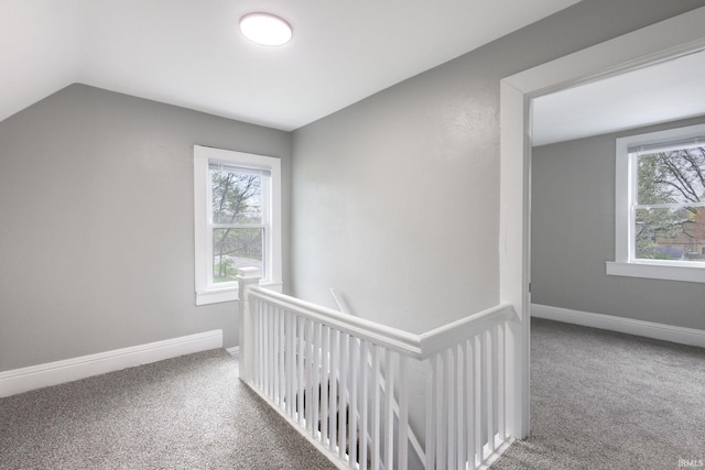 corridor with an upstairs landing, carpet floors, and plenty of natural light