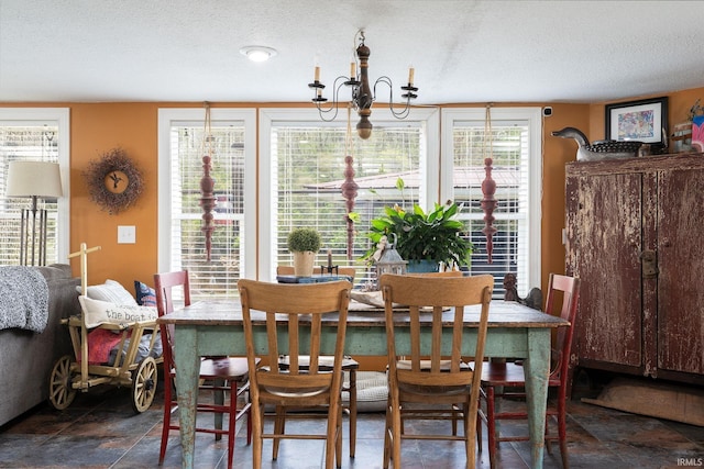 dining area featuring a textured ceiling, a wealth of natural light, and stone finish flooring