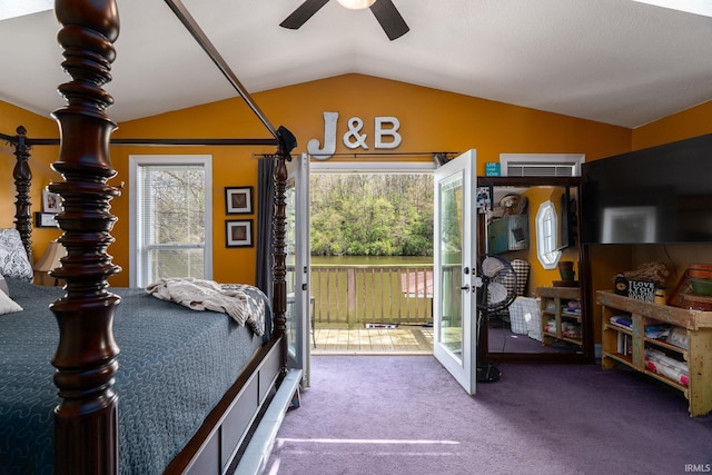 bedroom with carpet, access to outside, and lofted ceiling