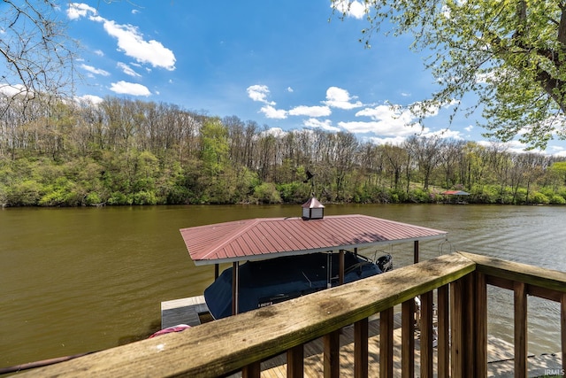 dock area with a water view and a forest view