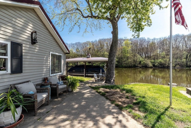 view of patio featuring a water view