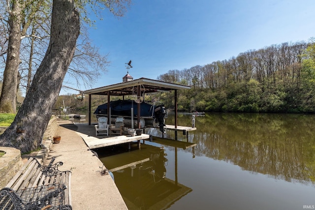 dock area featuring boat lift and a water view