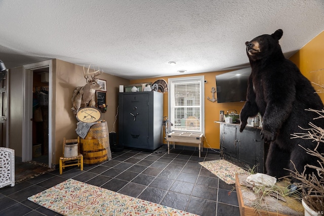mudroom featuring a textured ceiling and dark tile patterned flooring