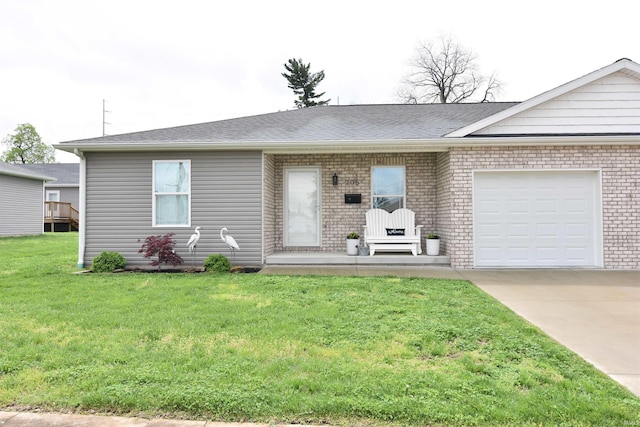ranch-style home featuring brick siding, driveway, roof with shingles, a front yard, and an attached garage