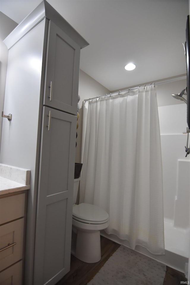 full bathroom with wood finished floors, toilet, a shower with shower curtain, and vanity