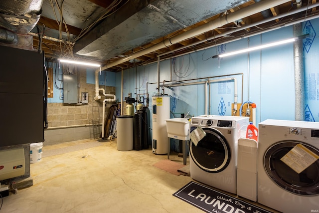 unfinished below grade area with a sink, electric panel, water heater, washer and dryer, and heating unit