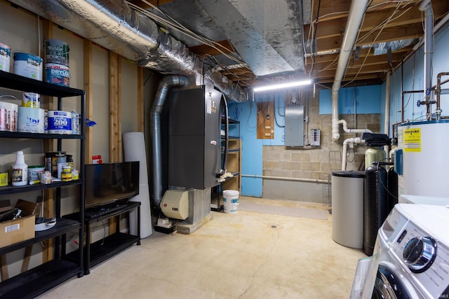 unfinished basement with electric panel, water heater, and washer / clothes dryer