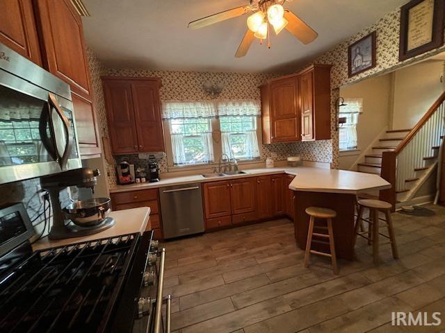 kitchen featuring stainless steel appliances, plenty of natural light, a peninsula, and a sink